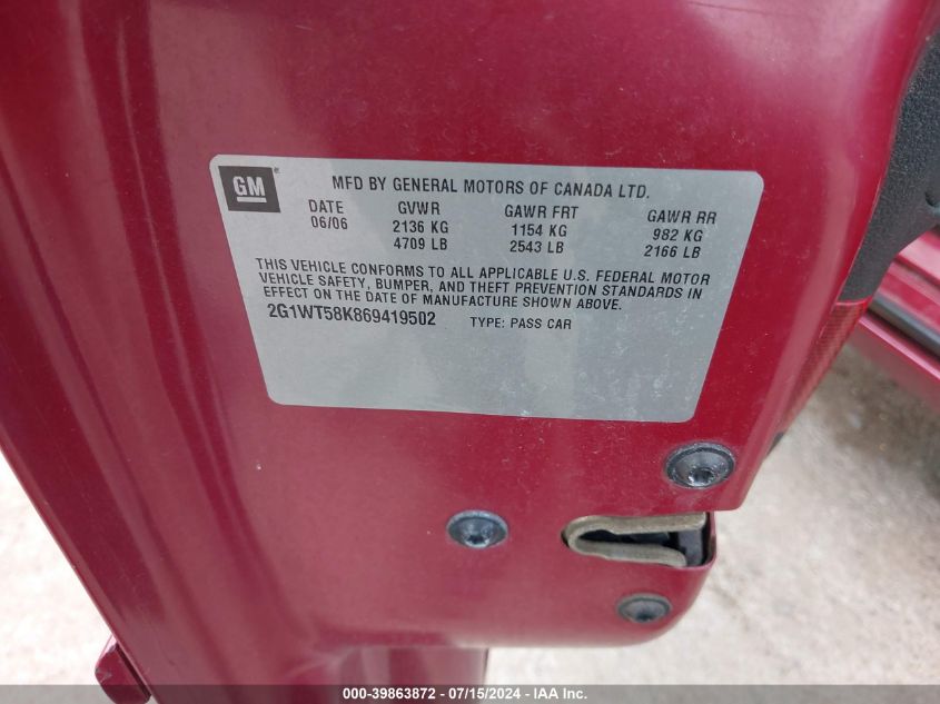 2006 Chevrolet Impala Lt VIN: 2G1WT58K869419502 Lot: 39863872
