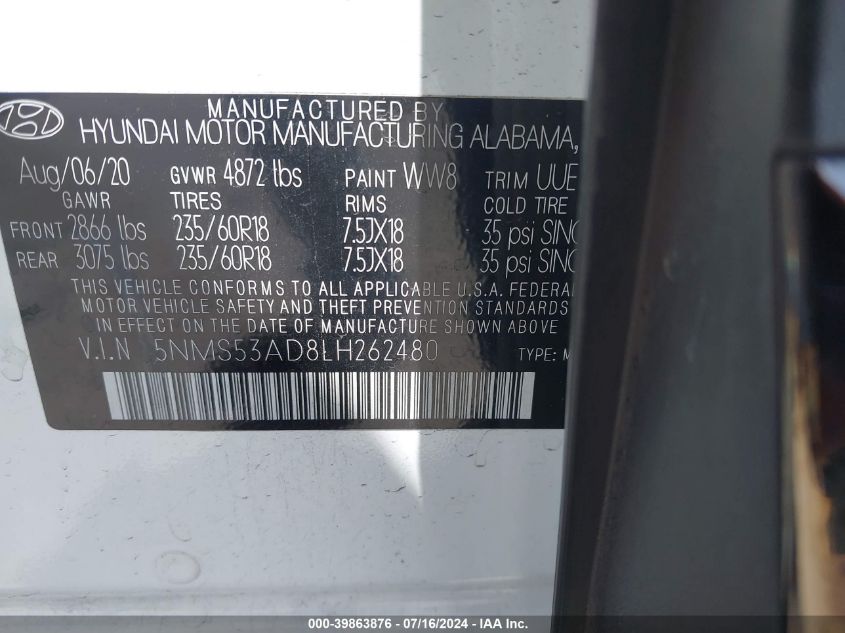 2020 Hyundai Santa Fe Limited VIN: 5NMS53AD8LH262480 Lot: 39863876
