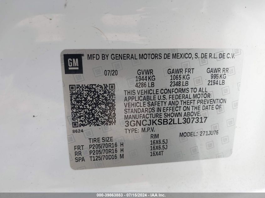 2020 Chevrolet Trax Fwd Ls VIN: 3GNCJKSB2LL307317 Lot: 39863883