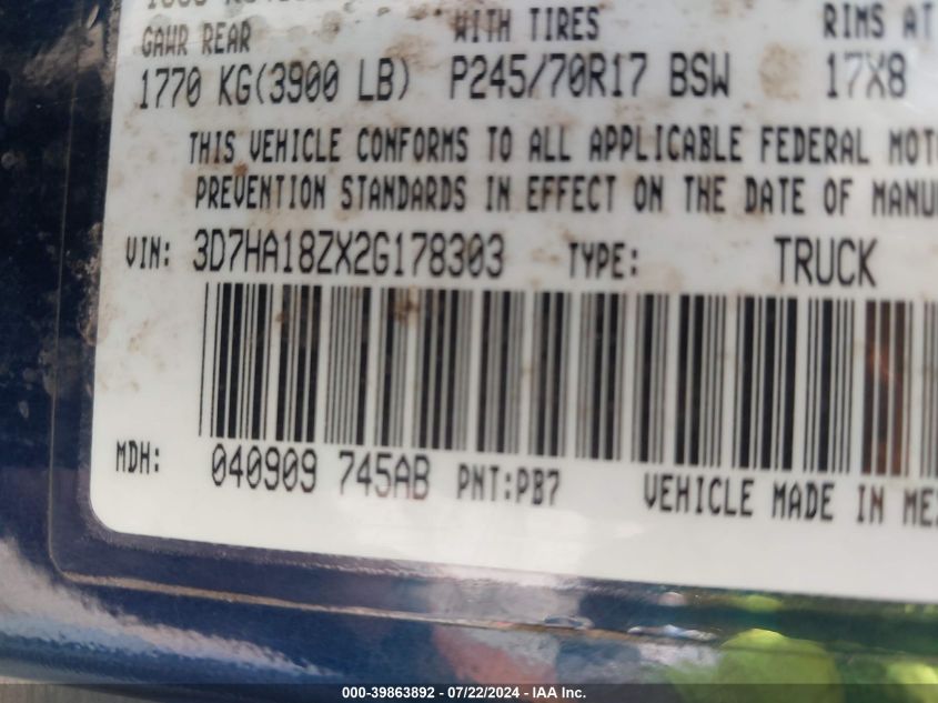 2002 Dodge Ram 1500 St VIN: 3D7HA18ZX2G178303 Lot: 39863892