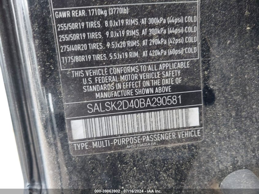 2011 Land Rover Range Rover Sport Hse VIN: SALSK2D40BA290581 Lot: 39863902