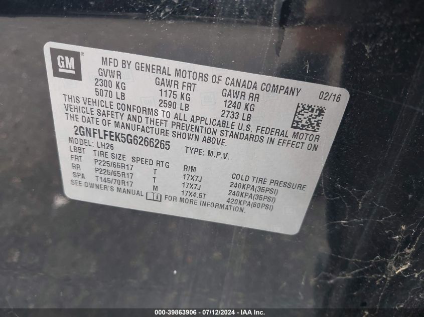 2GNFLFEK5G6266265 2016 Chevrolet Equinox Lt