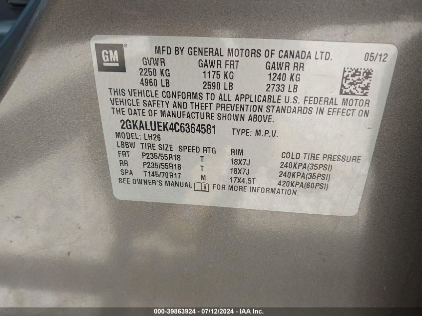 2012 GMC Terrain Slt-1 VIN: 2GKALUEK4C6364581 Lot: 39863924