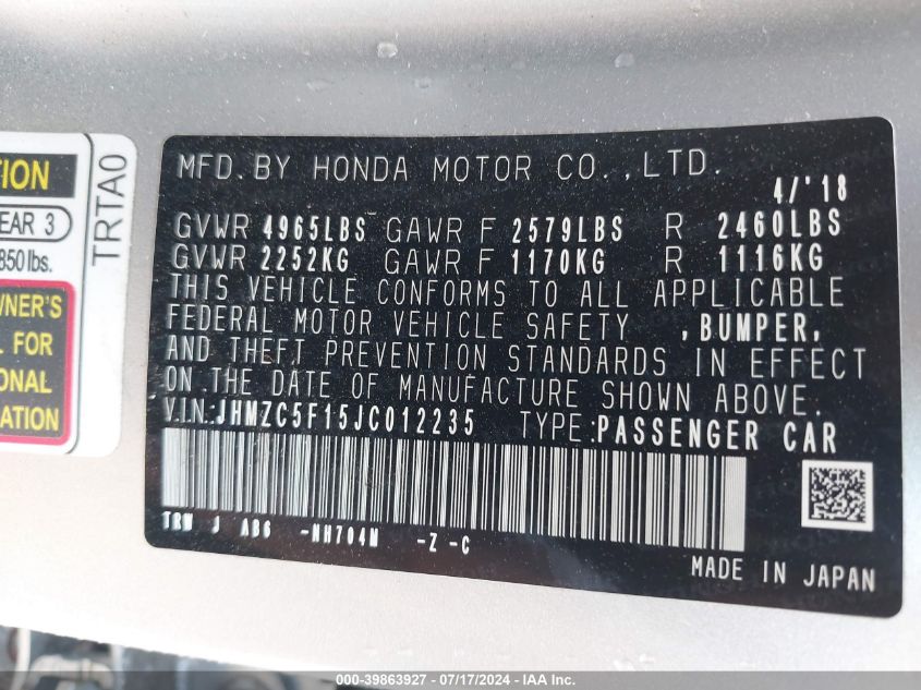 2018 Honda Clarity Plug-In Hybrid VIN: JHMZC5F15JC012235 Lot: 39863927