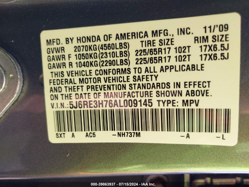 2010 Honda Cr-V Ex-L VIN: 5J6RE3H76AL009145 Lot: 39863937