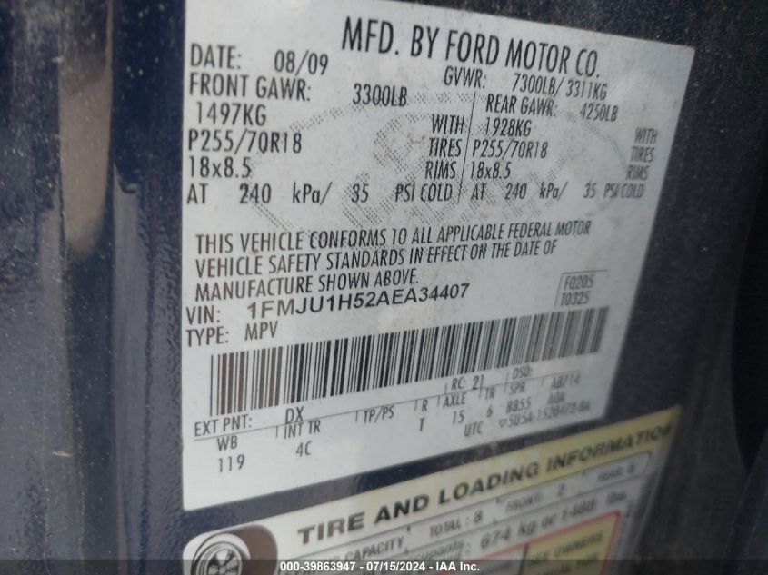 2010 Ford Expedition Eddie Bauer/King Ranch VIN: 1FMJU1H52AEA34407 Lot: 39863947