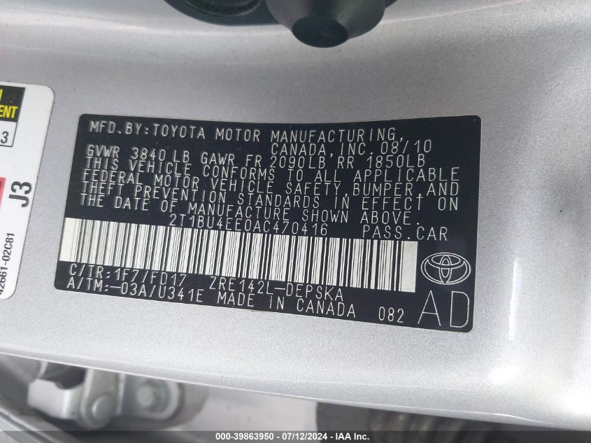 2010 Toyota Corolla S VIN: 2T1BU4EE0AC470416 Lot: 39863950