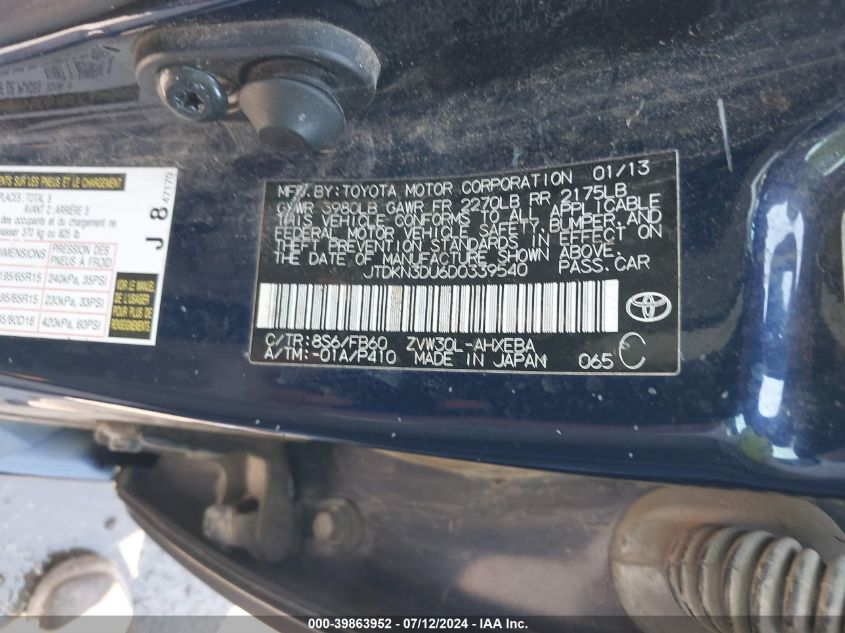 2013 Toyota Prius Three VIN: JTDKN3DU6D0339540 Lot: 39863952