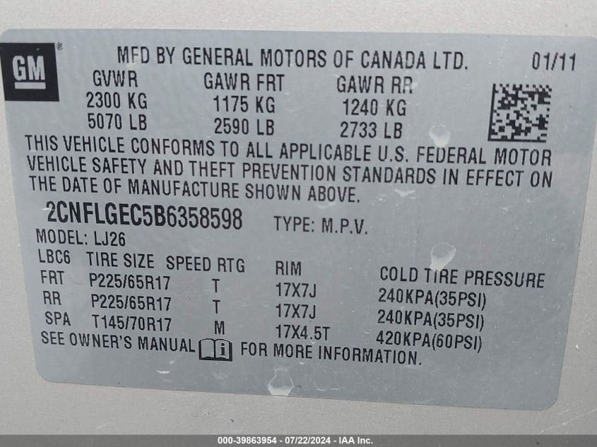 2011 Chevrolet Equinox Ltz VIN: 2CNFLGEC5B6358598 Lot: 39863954