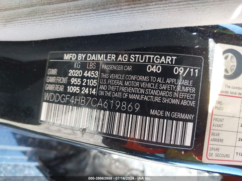 2012 Mercedes-Benz C 250 Luxury/Sport VIN: WDDGF4HB7CA619869 Lot: 39863958