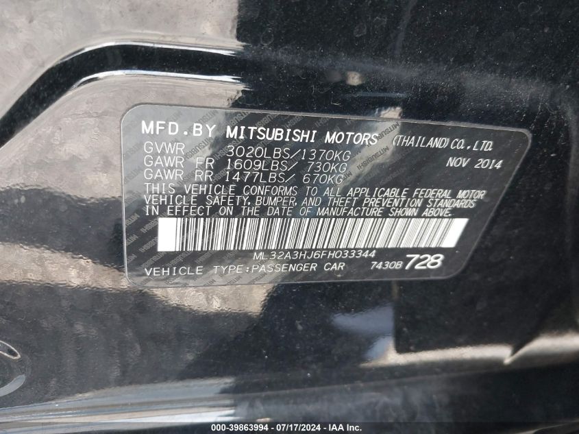 2015 Mitsubishi Mirage De VIN: ML32A3HJ6FH033344 Lot: 39863994