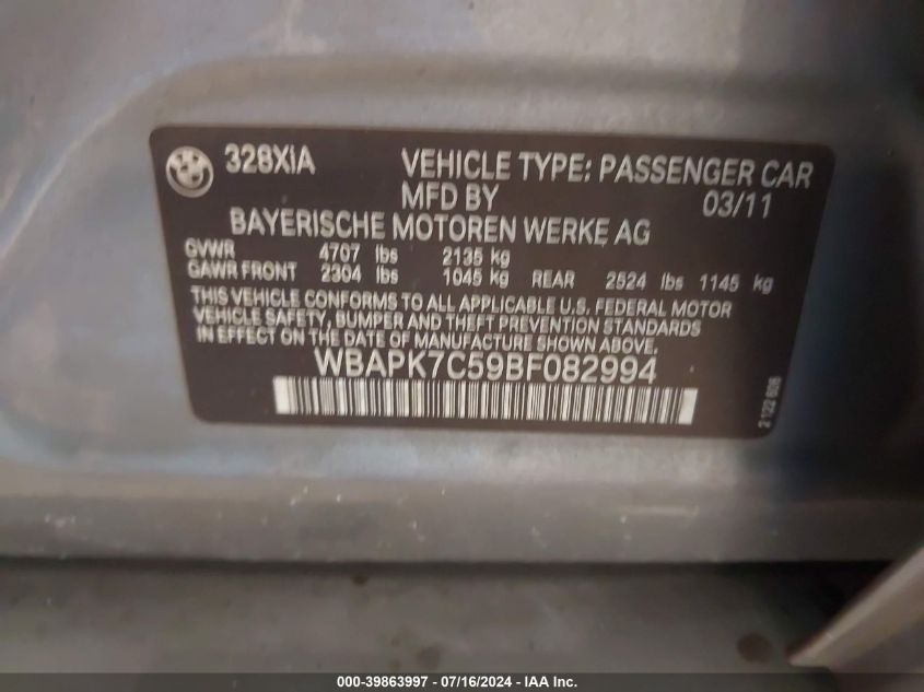 2011 BMW 328 Xi VIN: WBAPK7C59BF082994 Lot: 39863997