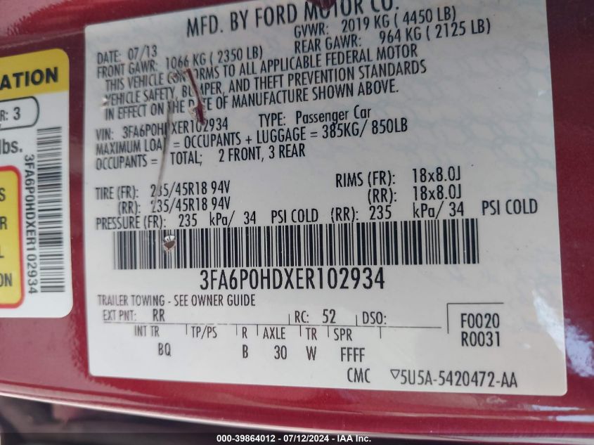 2014 Ford Fusion Se VIN: 3FA6P0HDXER102934 Lot: 39864012