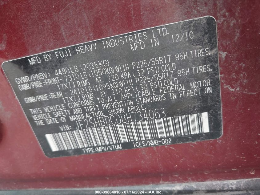 2011 Subaru Forester 2.5X Premium VIN: JF2SHBDC0BH734063 Lot: 39864016