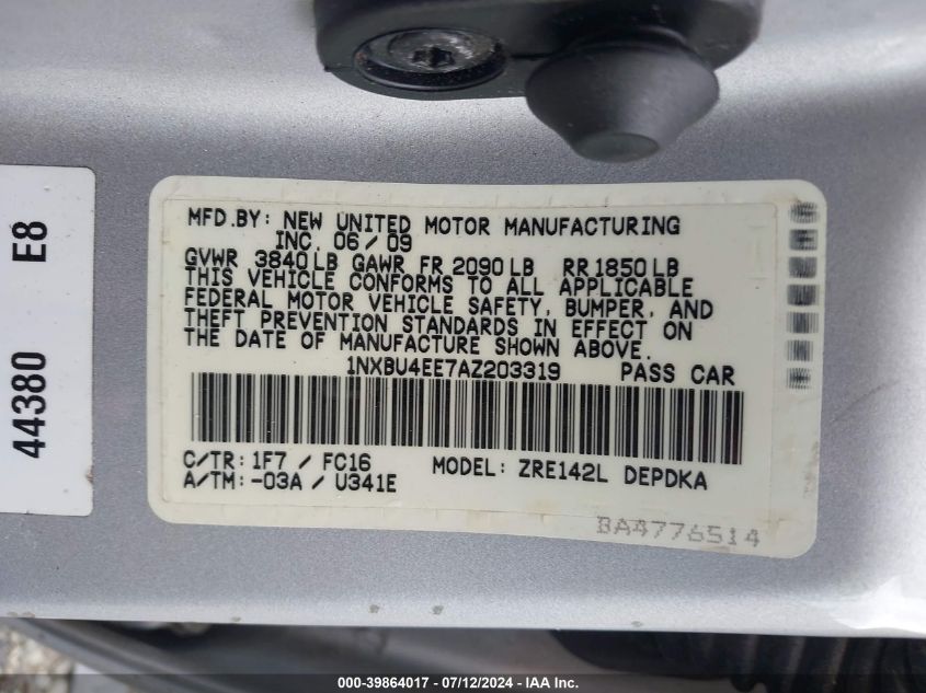 2010 Toyota Corolla Le VIN: 1NXBU4EE7AZ203319 Lot: 39864017