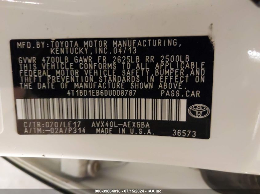 2013 Toyota Avalon Hybrid Xle Premium VIN: 4T1BD1EB6DU008787 Lot: 39864018