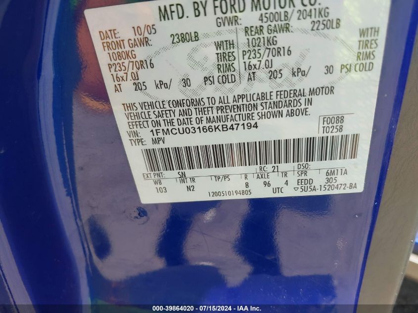 2006 Ford Escape Xlt/Xlt Sport VIN: 1FMCU03166KB47194 Lot: 39864020