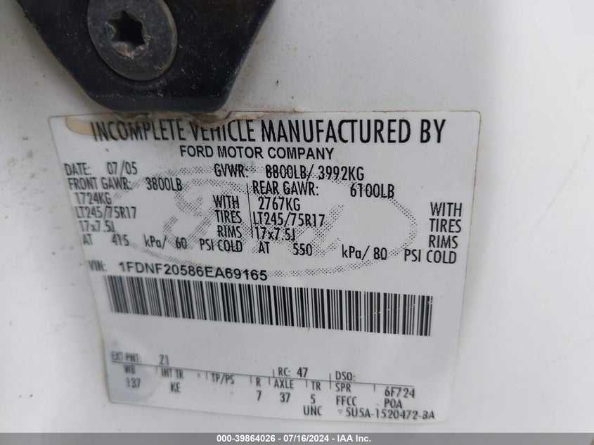 2006 Ford F-250 Xl/Xlt VIN: 1FDNF20586EA69165 Lot: 39864026