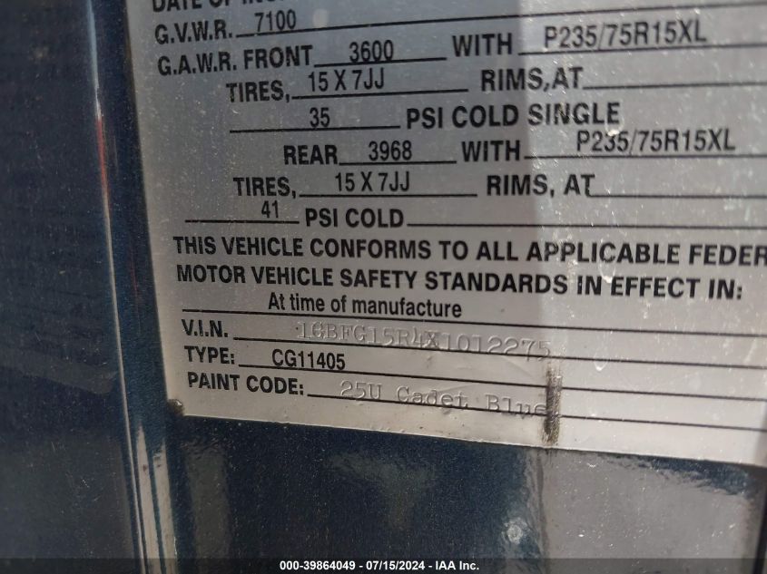 1999 Chevrolet Express VIN: 1GBFG15R4X1012275 Lot: 39864049