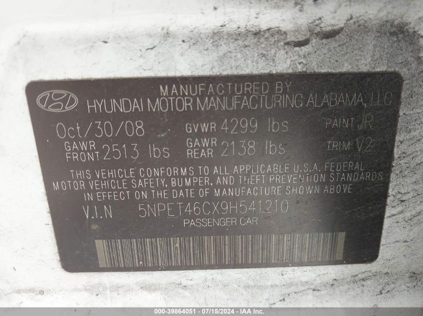 2009 Hyundai Sonata Gls VIN: 5NPET46CX9H541210 Lot: 39864051