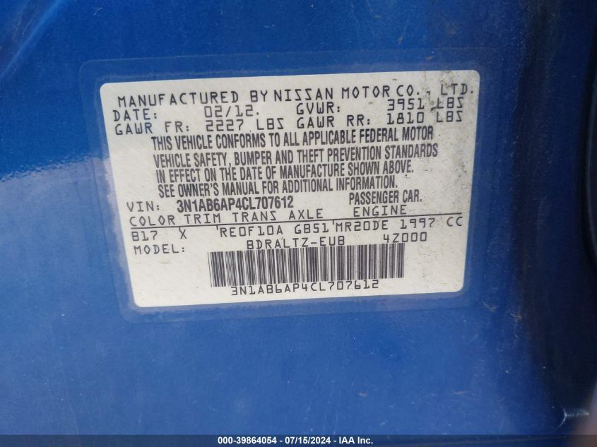 2012 Nissan Sentra 2.0 Sr VIN: 3N1AB6AP4CL707612 Lot: 39864054