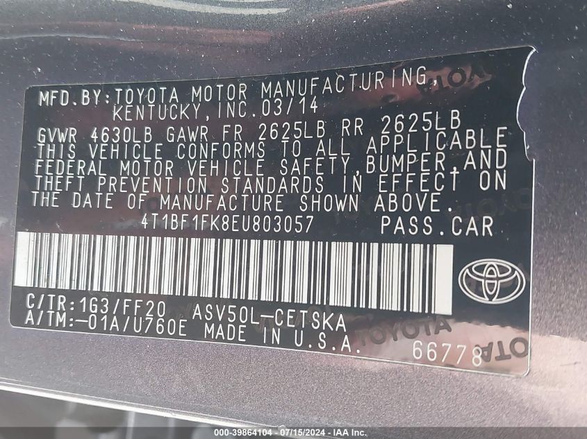 2014 Toyota Camry Se VIN: 4T1BF1FK8EU803057 Lot: 39864104