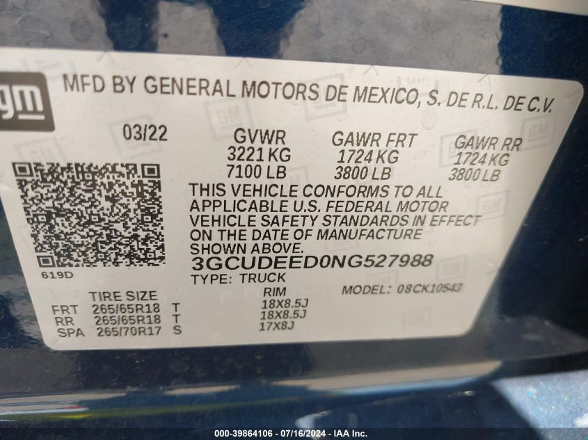 2022 Chevrolet Silverado 1500 4Wd Short Bed Rst VIN: 3GCUDEED0NG527988 Lot: 39864106