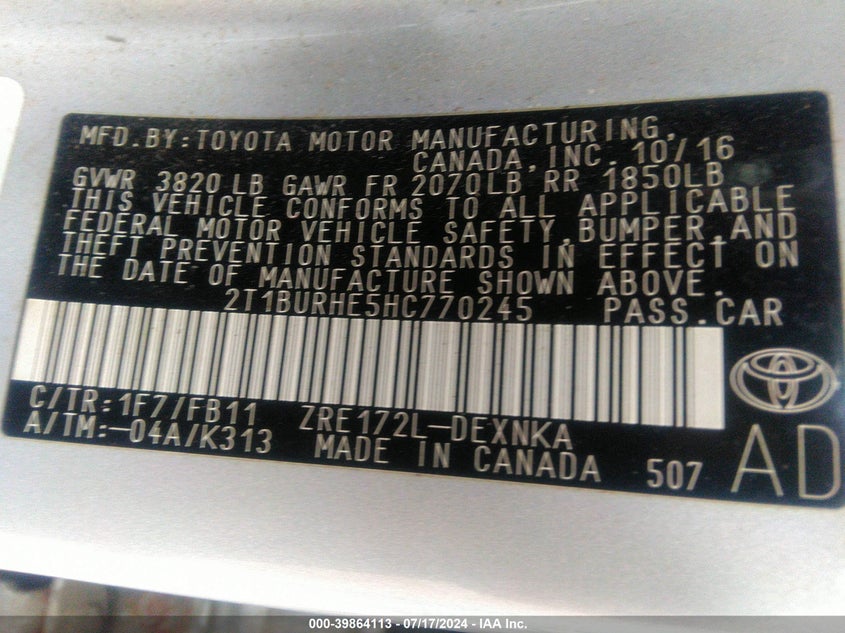 VIN 2T1BURHE5HC770245 2017 TOYOTA COROLLA LE