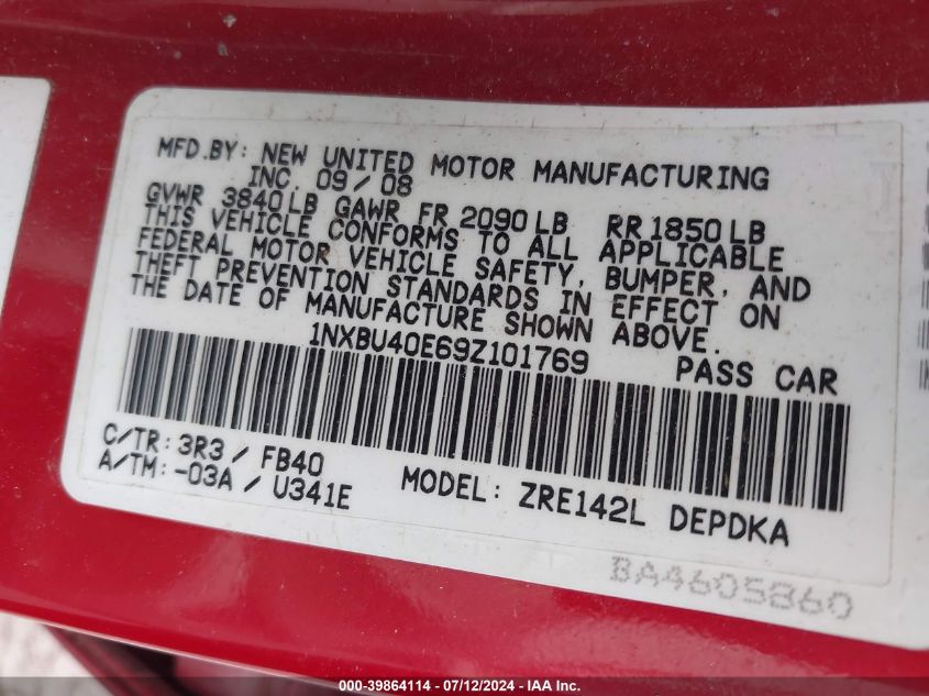 2009 Toyota Corolla Le VIN: 1NXBU40E69Z101769 Lot: 39864114