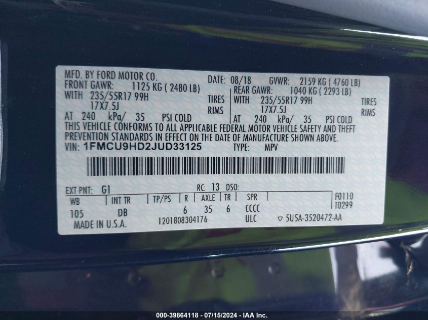 1FMCU9HD2JUD33125 2018 Ford Escape Sel