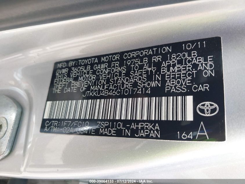 2012 Scion Xd VIN: JTKKU4B46C1017414 Lot: 39864133