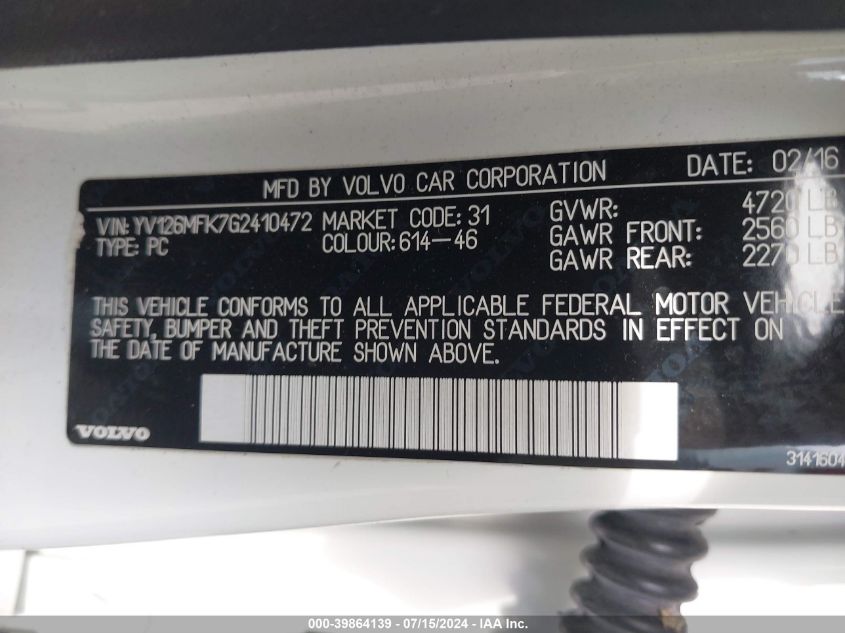 2016 VOLVO S60 PREMIER - YV126MFK7G2410472