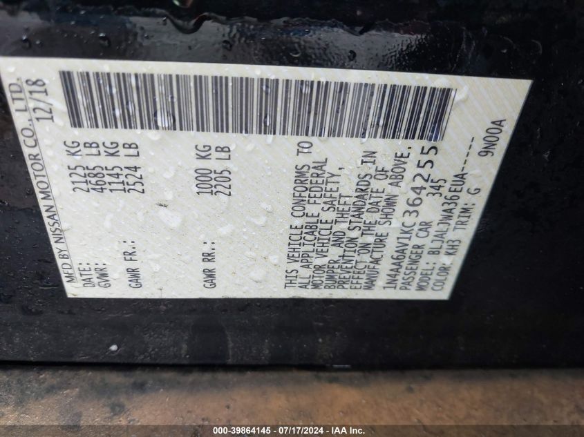 2019 NISSAN MAXIMA 3.5 SV - 1N4AA6AV1KC364255