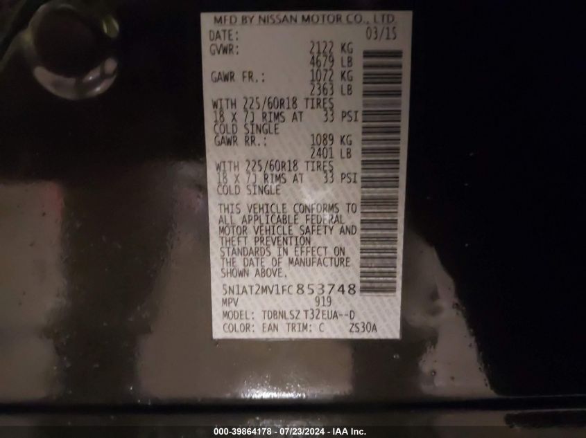 2015 Nissan Rogue Sl VIN: 5N1AT2MV1FC853748 Lot: 39864178