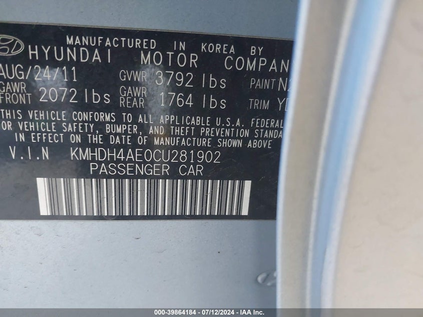 2012 Hyundai Elantra Gls (Ulsan Plant) VIN: KMHDH4AE0CU281902 Lot: 39864184