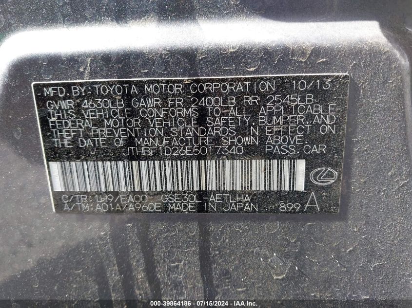 2014 Lexus Is 250 VIN: JTHBF1D26E5017340 Lot: 39864186