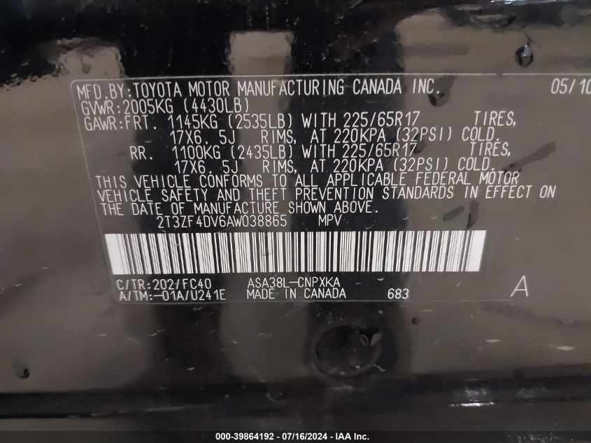 2010 Toyota Rav4 VIN: 2T3ZF4DV6AW038865 Lot: 39864192