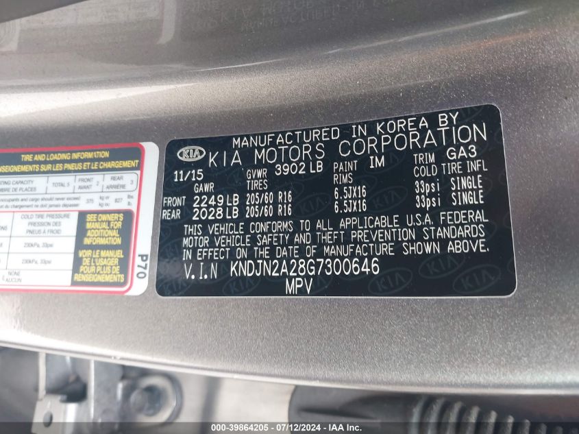 2016 Kia Soul VIN: KNDJN2A28G7300646 Lot: 39864205