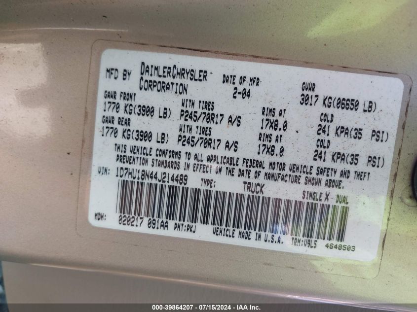 2004 Dodge Ram 1500 Slt/Laramie VIN: 1D7HU18N44J214489 Lot: 39864207