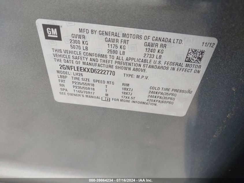 2013 Chevrolet Equinox 1Lt VIN: 2GNFLEEKXD6222770 Lot: 39864234