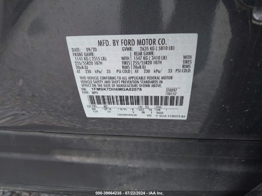 2021 Ford Explorer Xlt VIN: 1FMSK7DH6MGA02078 Lot: 39864235