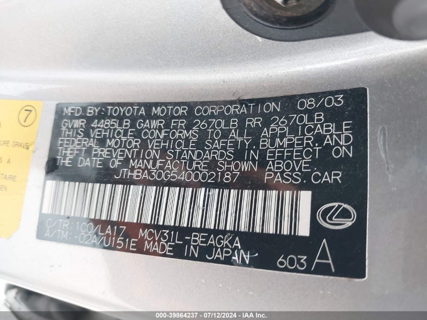 2004 Lexus Es 330 VIN: JTHBA30G540002187 Lot: 39864237