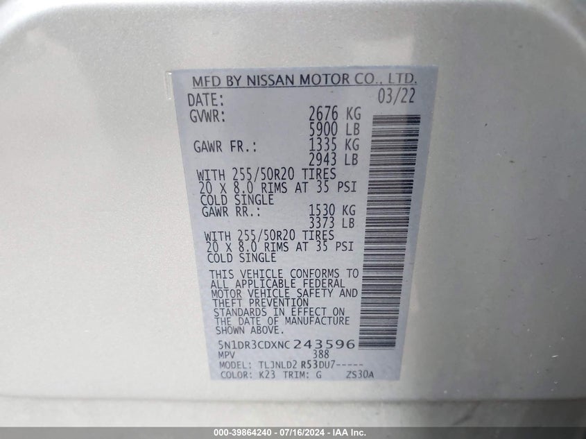 2022 NISSAN PATHFINDER SL 4WD - 5N1DR3CDXNC243596