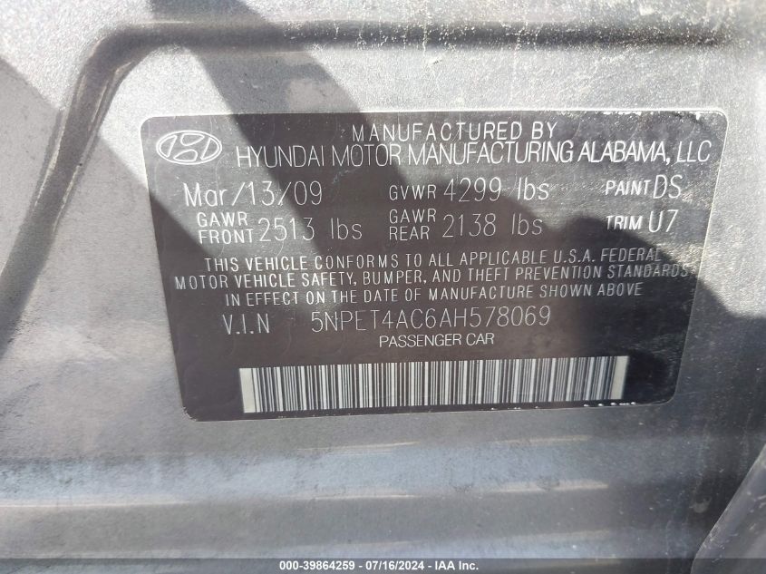2010 Hyundai Sonata Gls VIN: 5NPET4AC6AH578069 Lot: 39864259