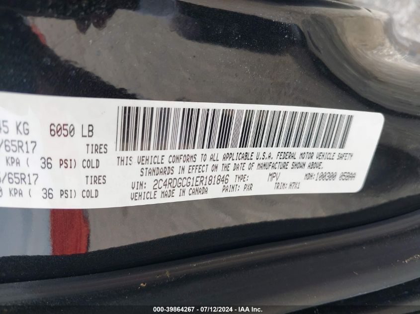 2014 Dodge Grand Caravan Sxt VIN: 2C4RDGCG1ER181846 Lot: 39864267