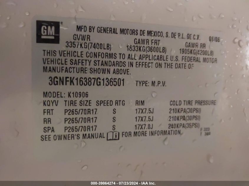 2007 Chevrolet Suburban 1500 Lt VIN: 3GNFK16387G136501 Lot: 39864274