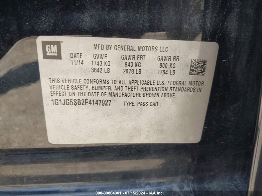 2015 Chevrolet Sonic Rs Auto VIN: 1G1JG5SB2F4147927 Lot: 39864301