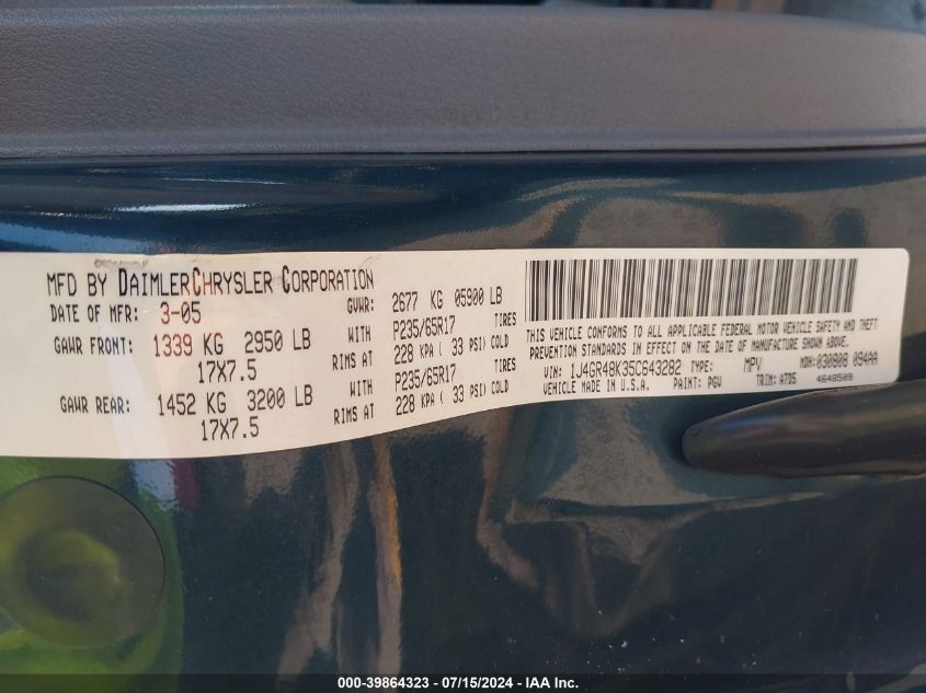 2005 Jeep Grand Cherokee Laredo VIN: 1J4GR48K35C643282 Lot: 39864323