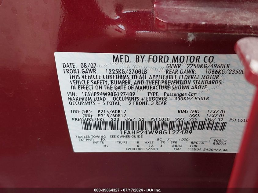 2008 Ford Taurus Sel VIN: 1FAHP24W98G127489 Lot: 39864327