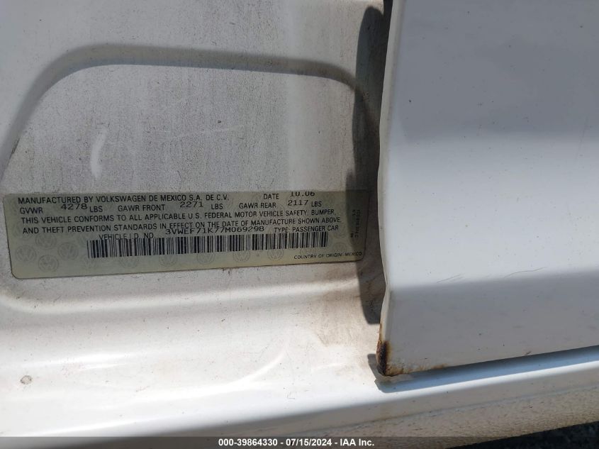 2007 Volkswagen Jetta Wolfsburg Edition VIN: 3VWEF71K77M069298 Lot: 39864330
